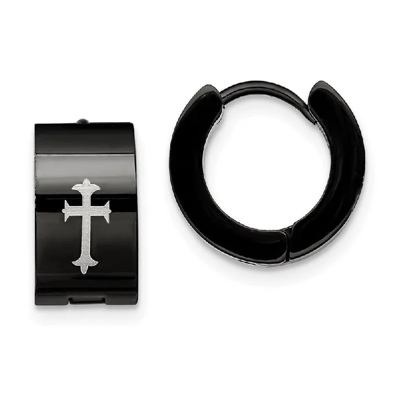 Silver Bead Earrings-Stainless Steel Black IP-plated Round Hinged Hoop w/ Cross Earrings