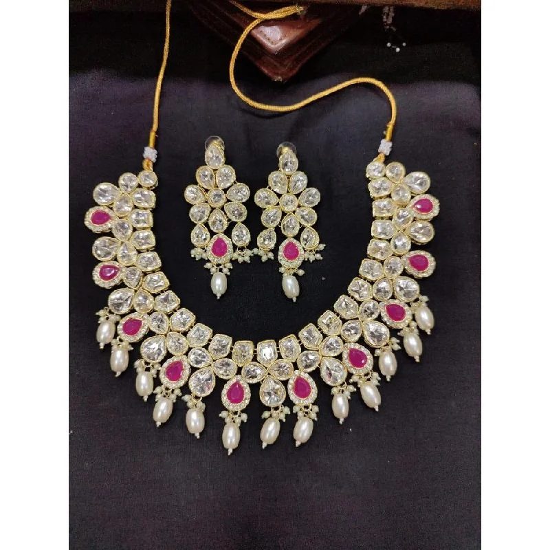 Large Gemstone Necklaces-Akruti Collection Gold Plated Polki Kundan and Pearl Necklace Set