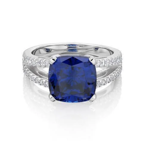 Personalized Vintage Rings-Dress ring with 10x10mm tanzanite simulant and 0.4 carats* of diamond simulants in 10 carat white gold