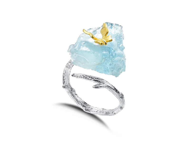 Custom Heart-Shaped Rings-Aquamarine Butterfly Ring