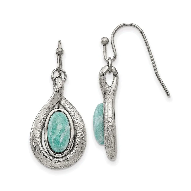 Vintage Silver Earrings-Stainless Steel Polished and Textured Dyed Synthetic Green Jade Earrings