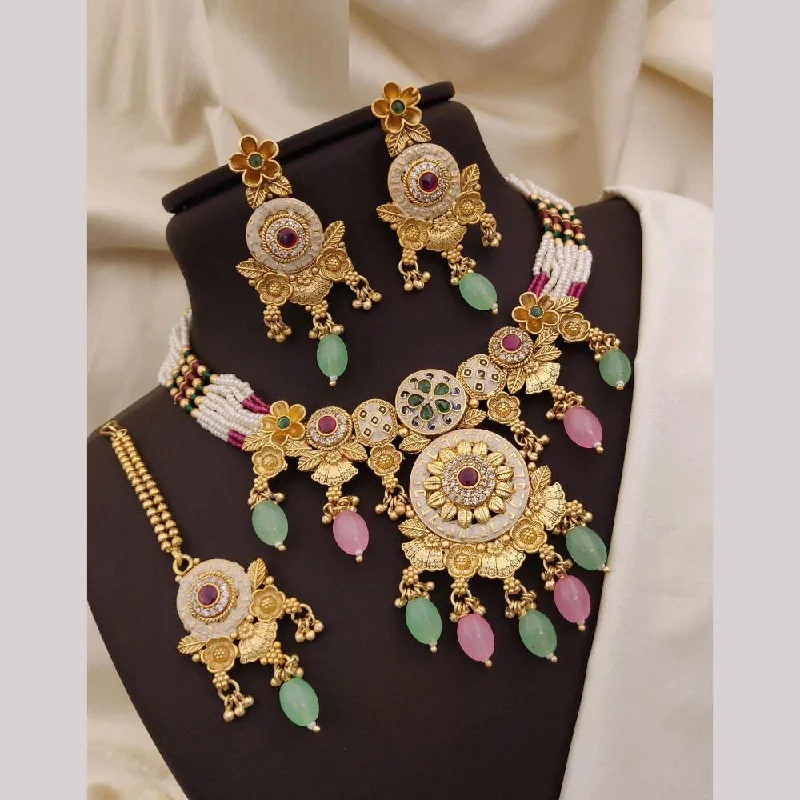 Gold Choker Necklaces-Neetu Art Gold Plated Pota Stone And Meenakari Pearls Necklace Set