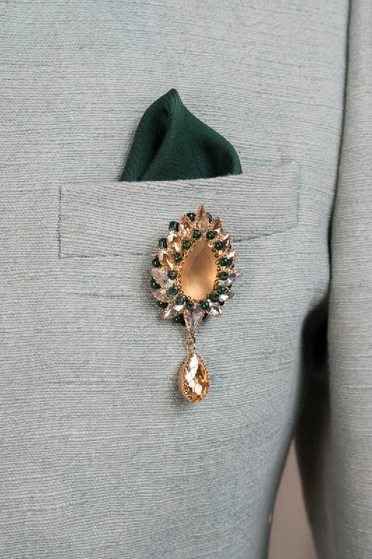 Unique Flower Brooch-Peach and Green Crystal Brooch With Drop Detailing