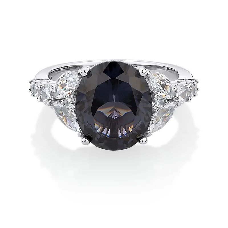 Colored Diamond Engagement Rings-Dress ring with dark blue sapphire simulant and 1.45 carats* of diamond simulants in sterling silver