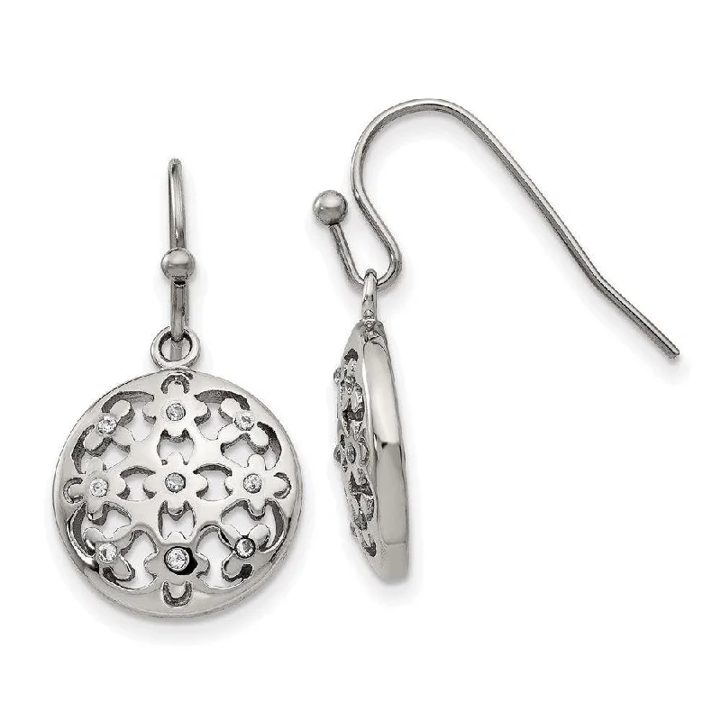 Beautiful Dangle Earrings-Stainless Steel Polished CZ Circle Shepherd Hook Earrings