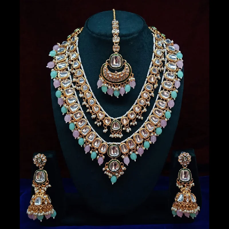 Multi-Strand Necklaces-Pooja Bangles Gold Plated Kundan and Beads Necklace Set