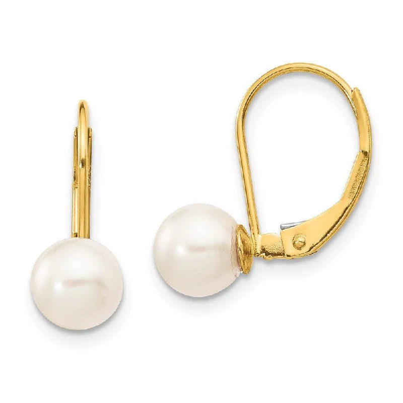 Designer Drop Earrings-14k 6-7mm White Round Saltwater Akoya Cultured Pearl Leverback Earrings