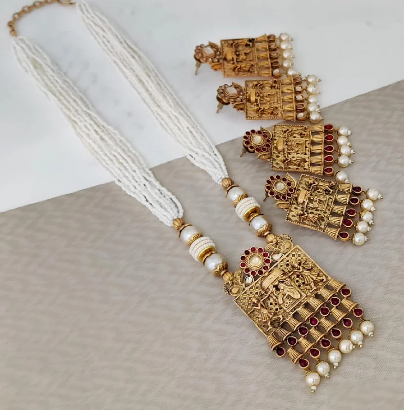 Handcrafted Gold Necklaces-Rani Sati Jewels Gold Plated Pota Long Necklace Set