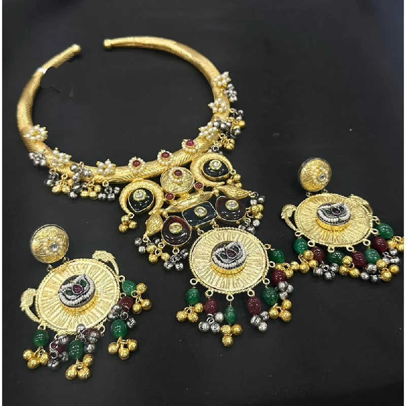 Vintage Style Choker Necklaces-Akruti Collection Gold Plated Pota Stone And Pearls Necklace Set