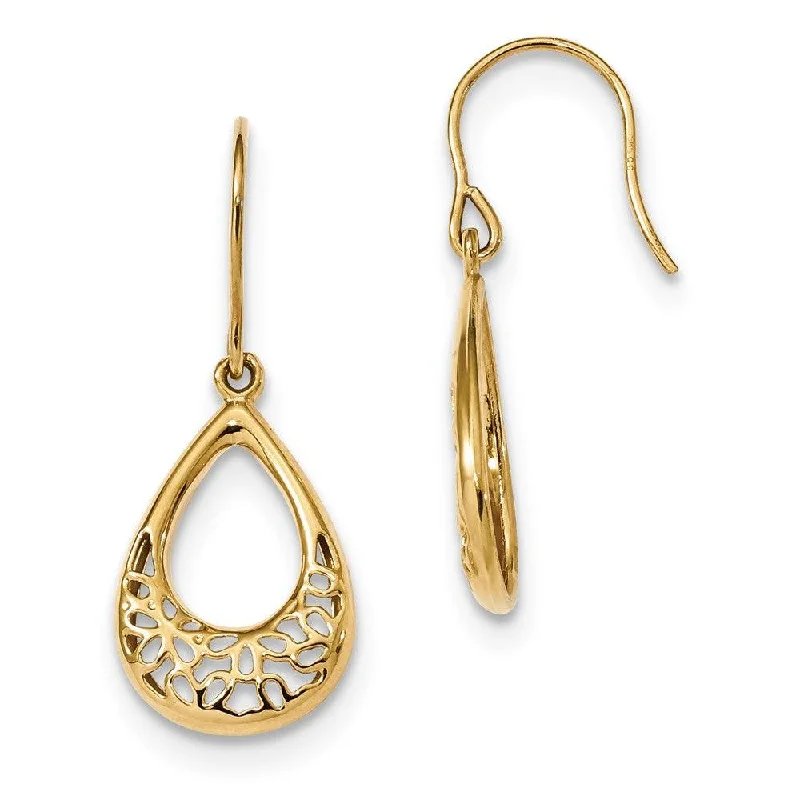 Wedding Party Earrings-14k Polished Floral Teardrop Shepherd Hook Earrings