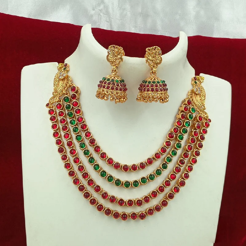 Custom Birthstone Necklaces-Joyful Jewel Art Matte Gold Plated Kundan Stone Multi Layer Necklace Set