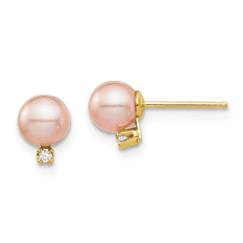 Floral Earrings for Women-Madi K Kid's 14K  5-6mm Pink Round FW Cultured Pearl .02ct Diamond Post Earrings