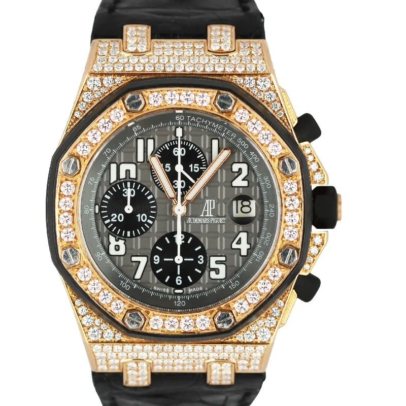 Designer Watches with Leather Bands-Audemars Piguet Royal Oak Offshore 18k Rose Gold 3.10ctw Gray 42mm 25940OK Watch