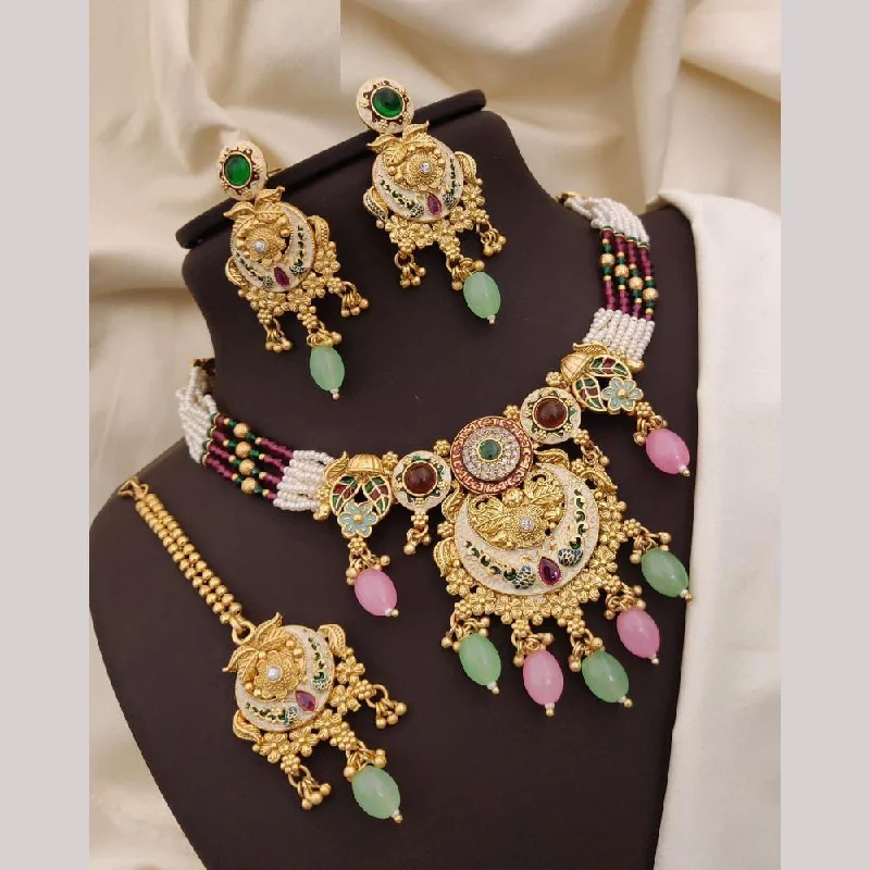 Fine Jewelry Necklaces-Neetu Art Gold Plated Pota Stone And Meenakari Pearls Necklace Set