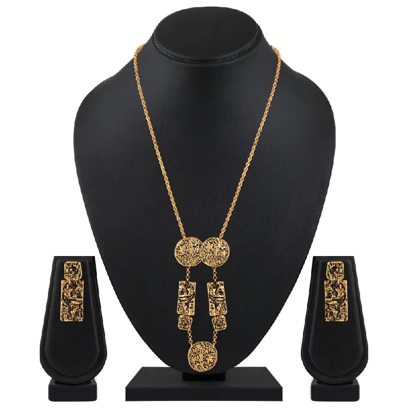 Silver Pendant Necklaces-Mahi Black Meenakari Work Enamel Long Necklace Jewellery Set with Golden Plating for Women (NL1103843G)