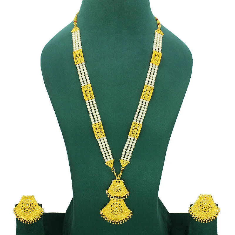 Gemstone Necklaces for Brides-Mahavir Dye Gold Plated Pearl Long Necklace Set