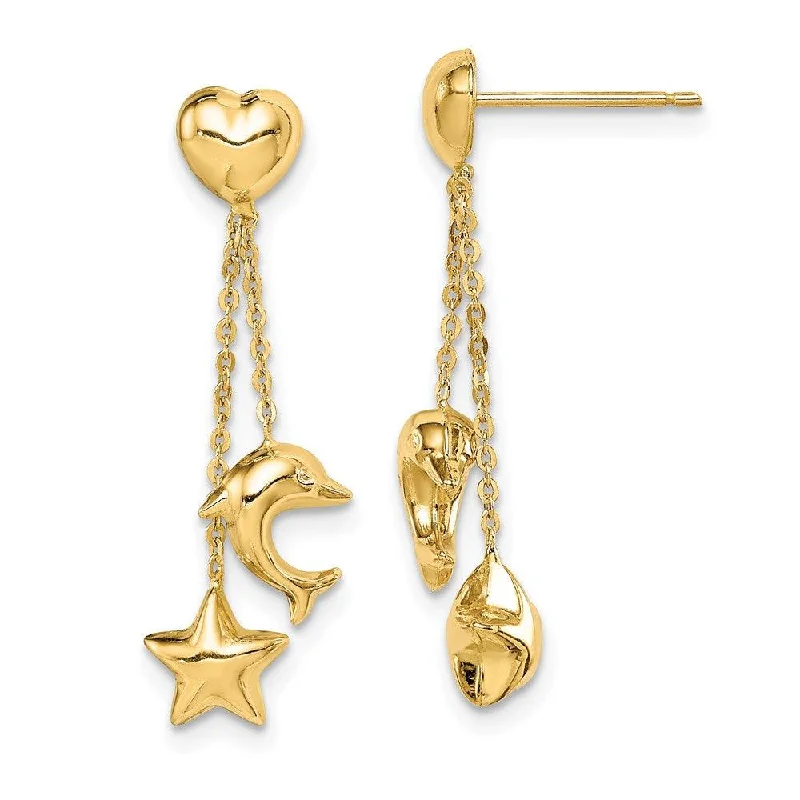 White Pearl Earrings-Madi K Kid's 14k  Heart, Star & Dolphin Dangle Post Earrings