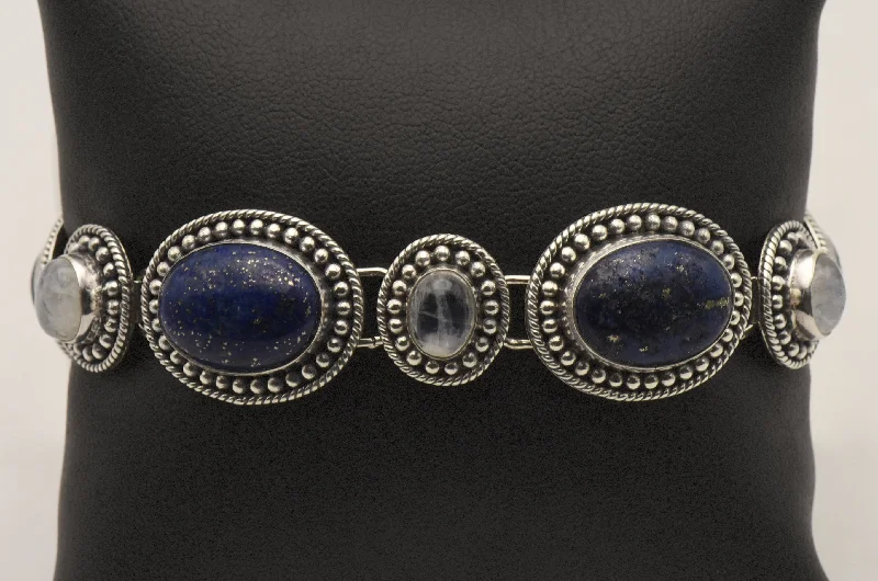 Elegant Pearl Bracelets-Vintage Handmade Lapis Lazuli and Moonstone Sterling Silver Link Bracelet