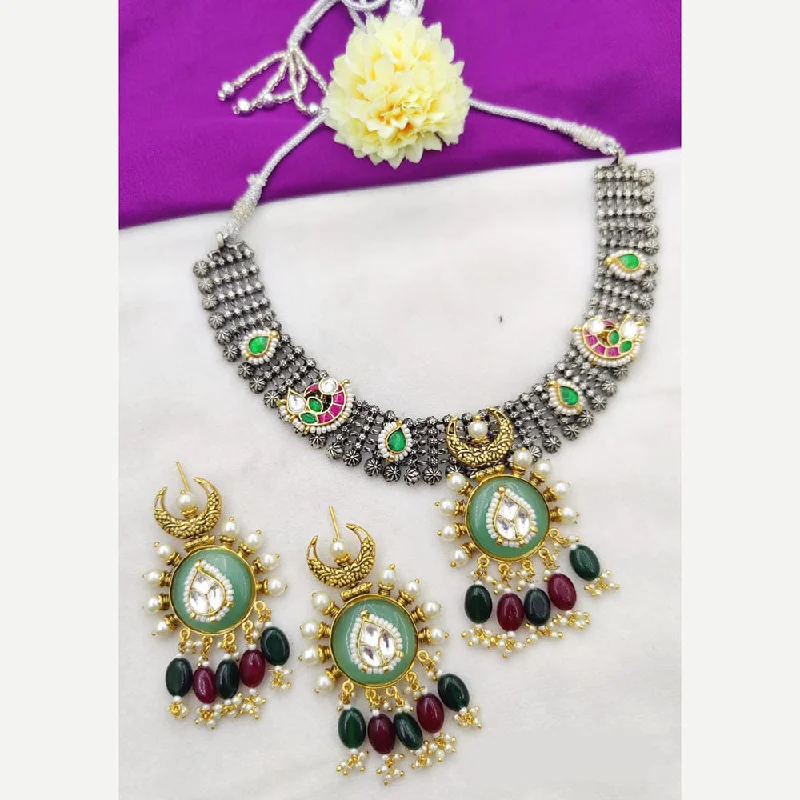 Personalized Nameplate Necklaces-Fancyla 2 Tone Plated Kundan Stone And Pearls Necklace Set