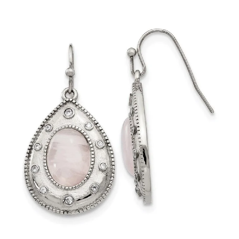 Handmade Earrings Online-Stainless Steel Polished Rose Quartz and CZ Shepherd Hook Earrings