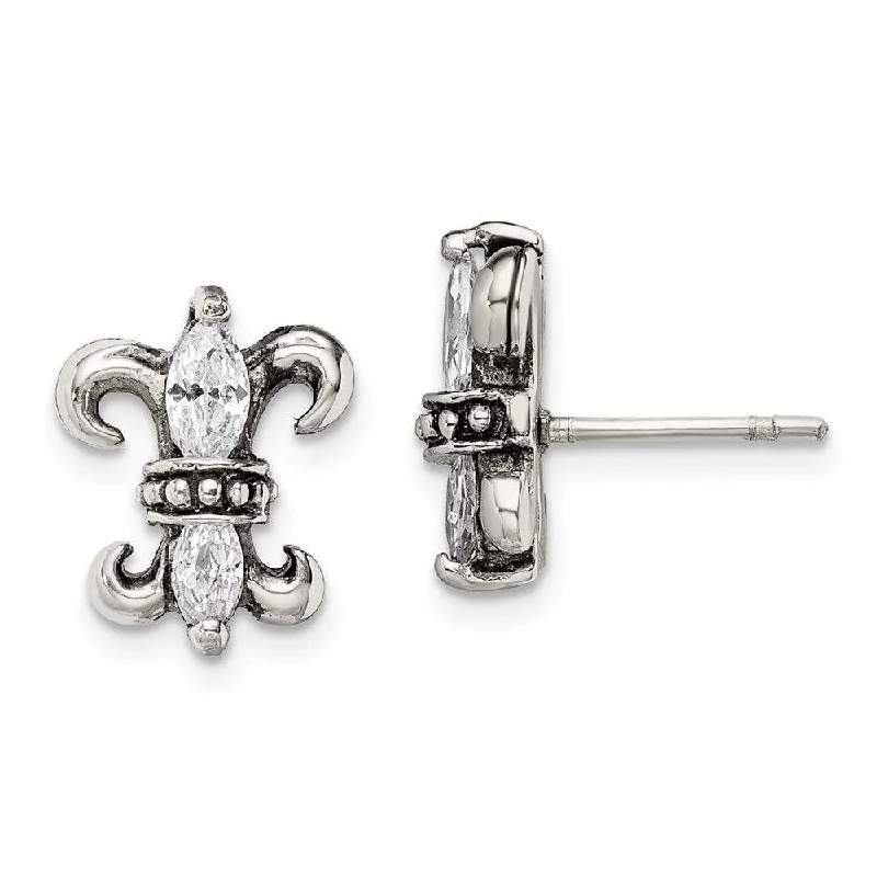 Silver Ear Cuffs-Stainless Steel Antiqued Fleur de lis with CZ Post Earrings