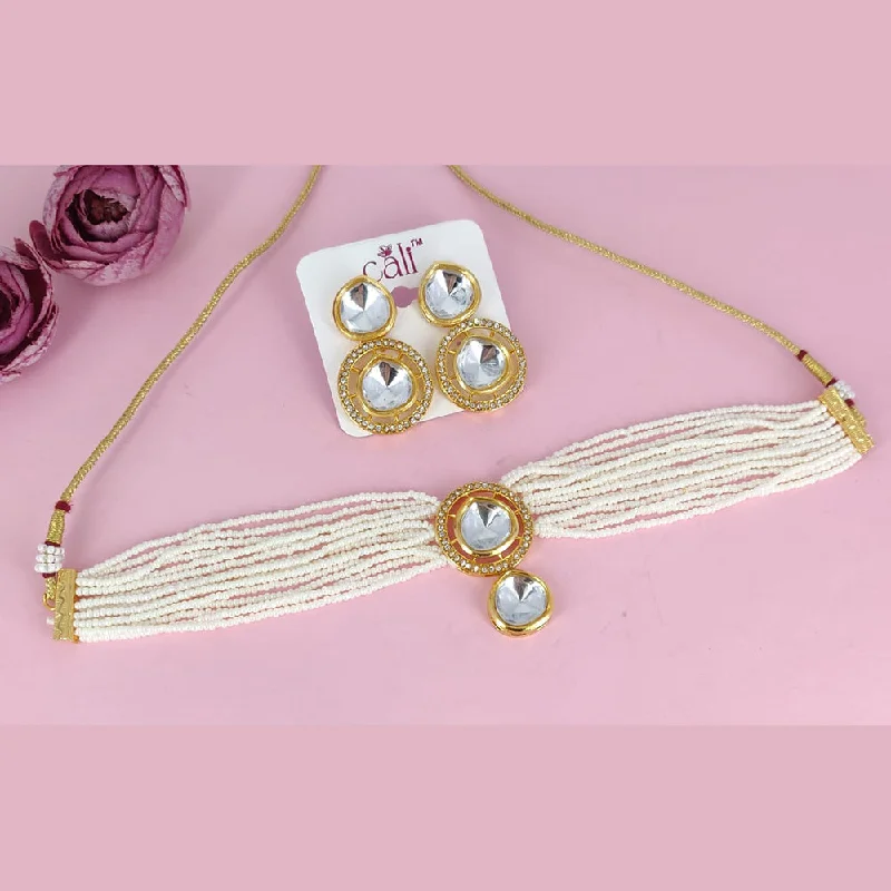 Sparkling Crystal Necklaces-Corbeda Fashion Gold Plated Crystal And Pearl Choker Necklace Set