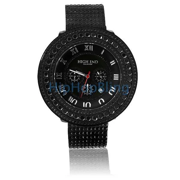 Stylish Watches with Modern Design-High End Black Lab Stone Fully Custom Bling Watch 10 Row Band