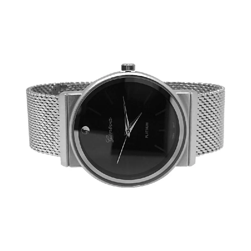 Personalized Watches with Photos-Smooth Round Silver Black Dial Mesh Band Watch