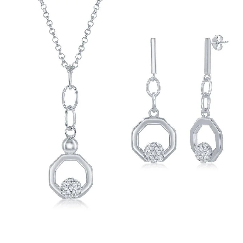 Party Earrings for Women-Sterling Silver Round Micro Pave CZ Open Hexagon Pendant & Earrings Set With Chain