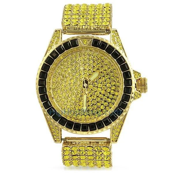 Elegant Dress Watches for Men-Princess Cut Lemonade 6 Row Bling Bling Watch