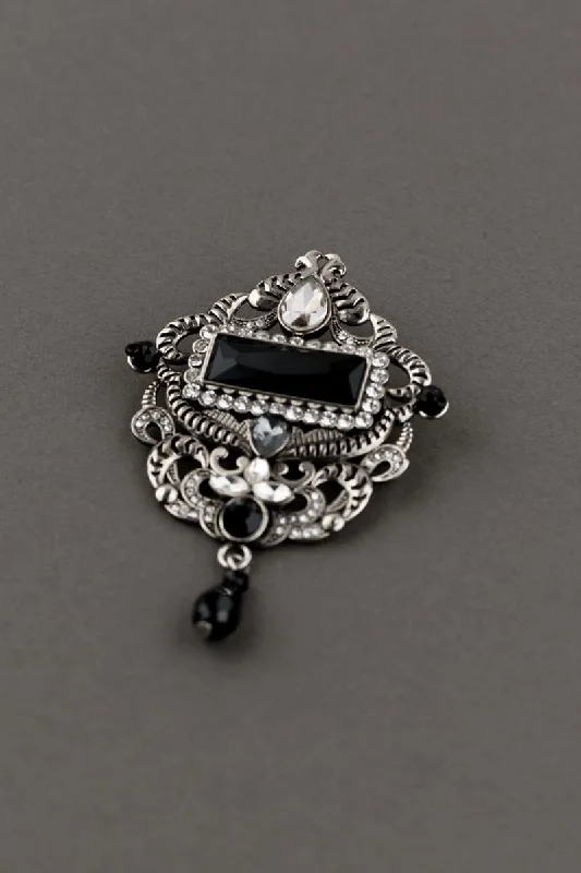 Simple Heart-Shaped Brooch-Silver Crystal Brooch with Black Crystals