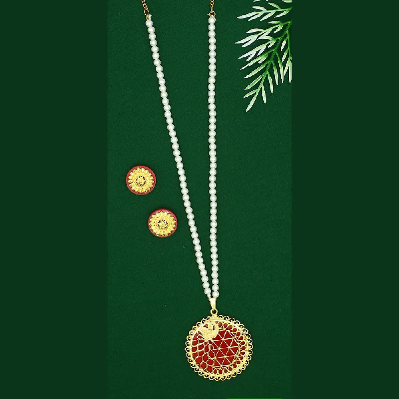 Handmade Pendant Necklaces-Mahavir Dye Gold Plated Pearl Long Necklace Set