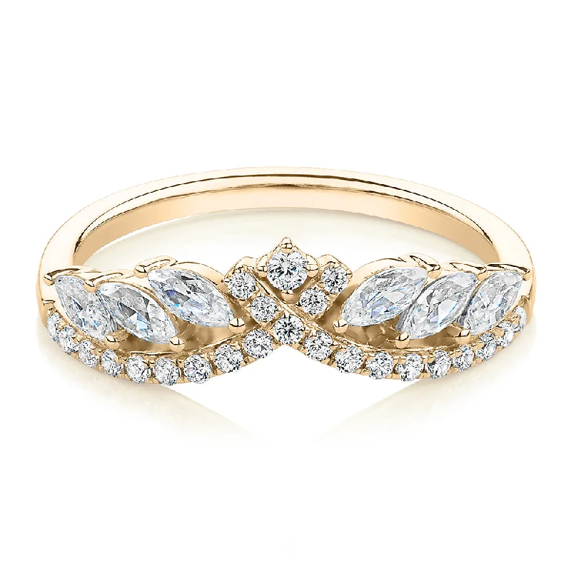 Elegant Engagement Rings-Marquise curved wedding or eternity band with 0.76 carats* of diamond simulants in 10 carat yellow gold