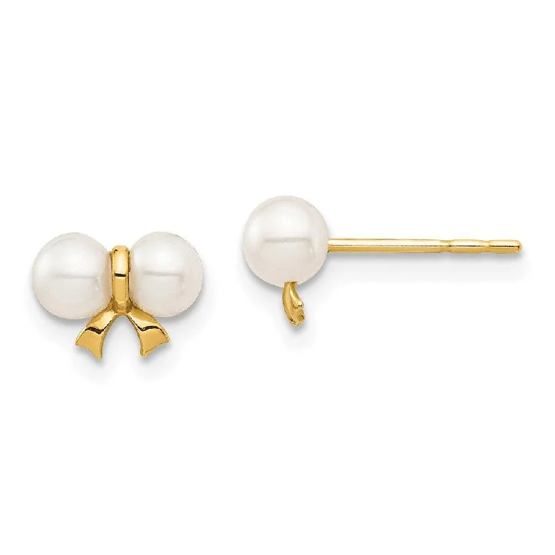 Fashionable Gold Earrings-Madi K Kid's 14k  3-4mm White Round FW Cultured Pearl Bow Post Earrings