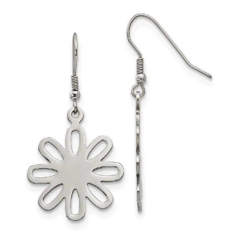 Bright Gemstone Earrings-Stainless Steel Polished Large Flower Dangle Earrings