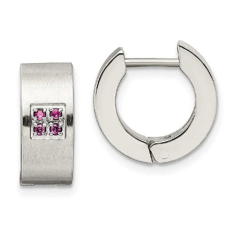 Geometric Gold Earrings-Stainless Steel Pink CZ Brushed & Polished Hinged Hoop Earrings