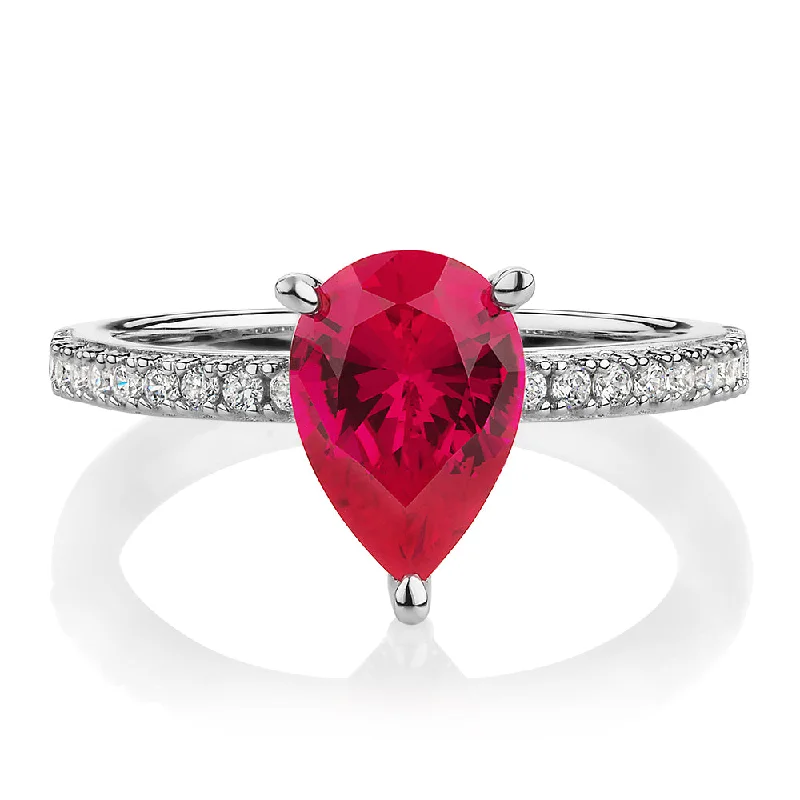 Emerald-Cut Diamond Rings-Dress ring with ruby simulant and 0.24 carats* of diamond simulants in sterling silver