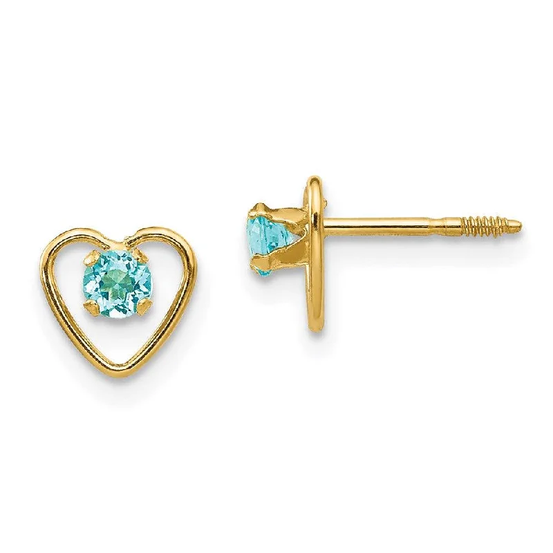 Silver Tassel Earrings-Madi K Kid's 14k  3mm Blue Zircon Birthstone Heart Earrings