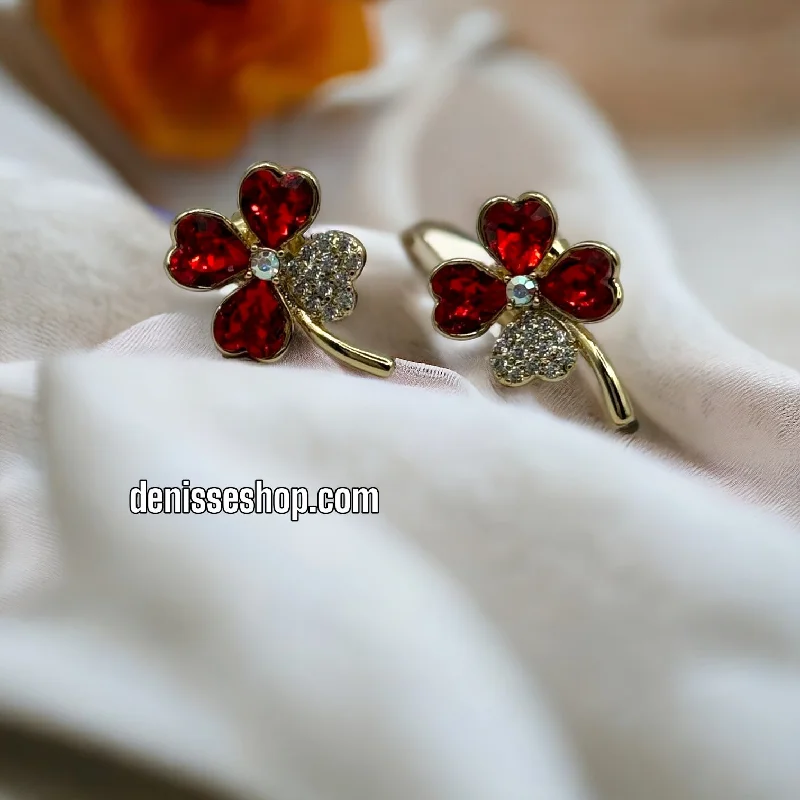 Customizable Earrings for Gifts-14K Clover Red stone Earrings E332