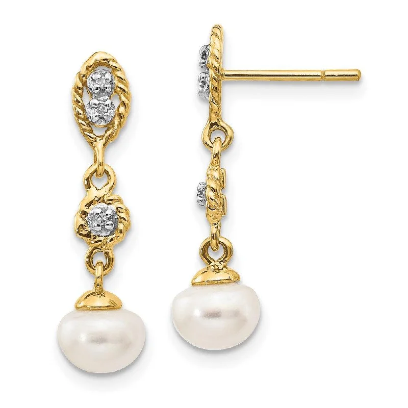 Simple Rose Gold Hoops-14k & Rhodium 6-7mm Semi-round FWC Pearl .02ct Diamond Dangle Earrings