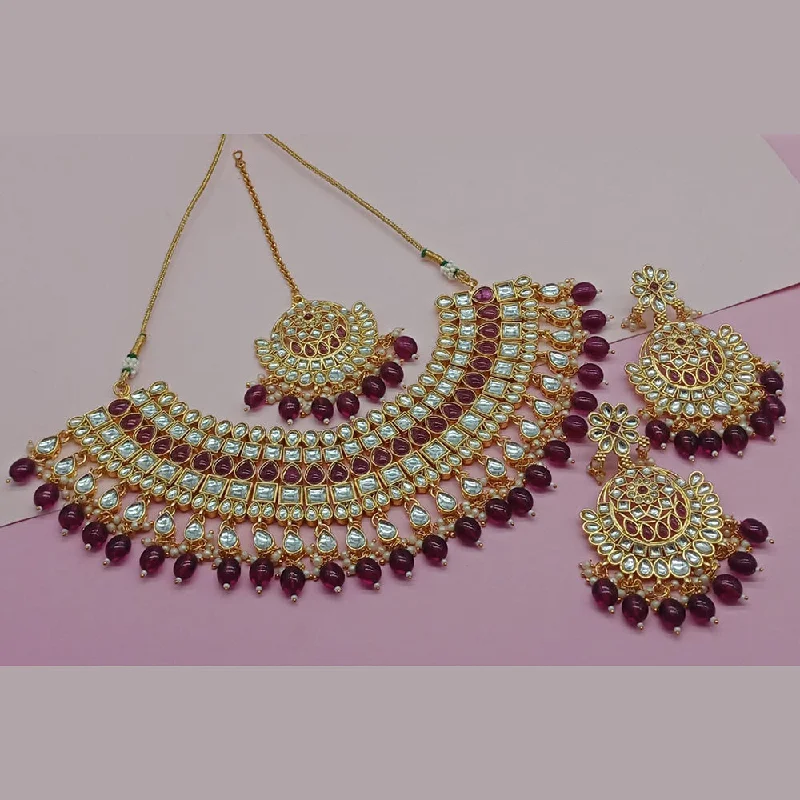 Gold Diamond Necklaces-India Art Gold Plated Kundan Stone And Pearls Necklace Set