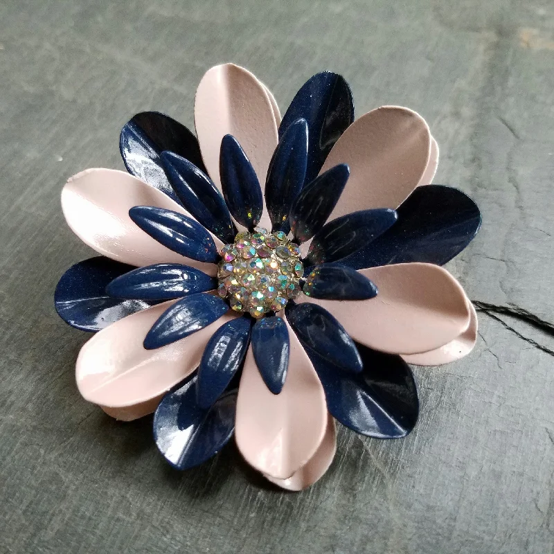 Classic Brooch with Diamond Detail-Navy and Pink Splash Flower Brooch