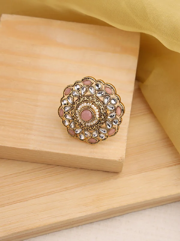 Elegant Ruby Rings-Gold-Plated Pink Kundan-Studded & Beaded Adjustable Traditional Finger Ring