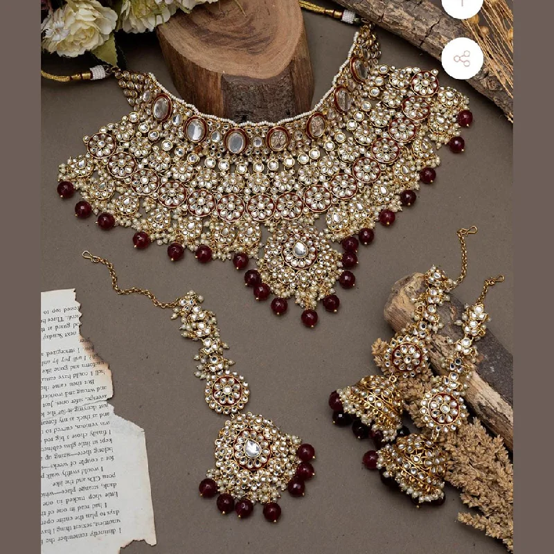 Minimalist Gold Necklaces-India Art Gold Plated Kundan Choker Necklace Set