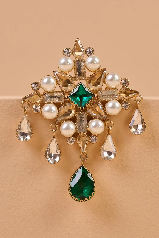 Bridal Brooch for Wedding-Emerald Brooch With Pearls & Beads