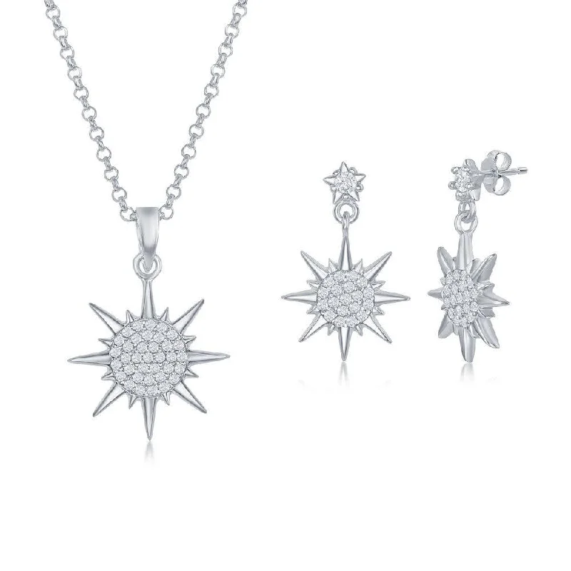 Antique Gold Earrings-Sterling Silver CZ Sun Pendant & Earrings Set With Chain