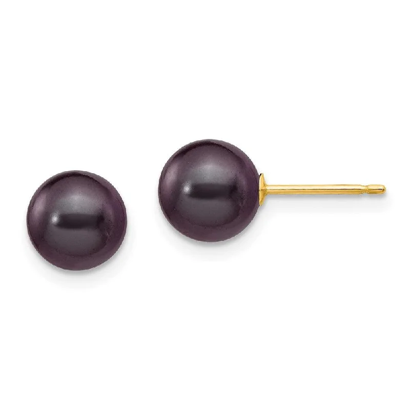 Fashion Earrings for Special Occasions-14k 7-8mm Black Round Freshwater Cultured Pearl Stud Post Earrings