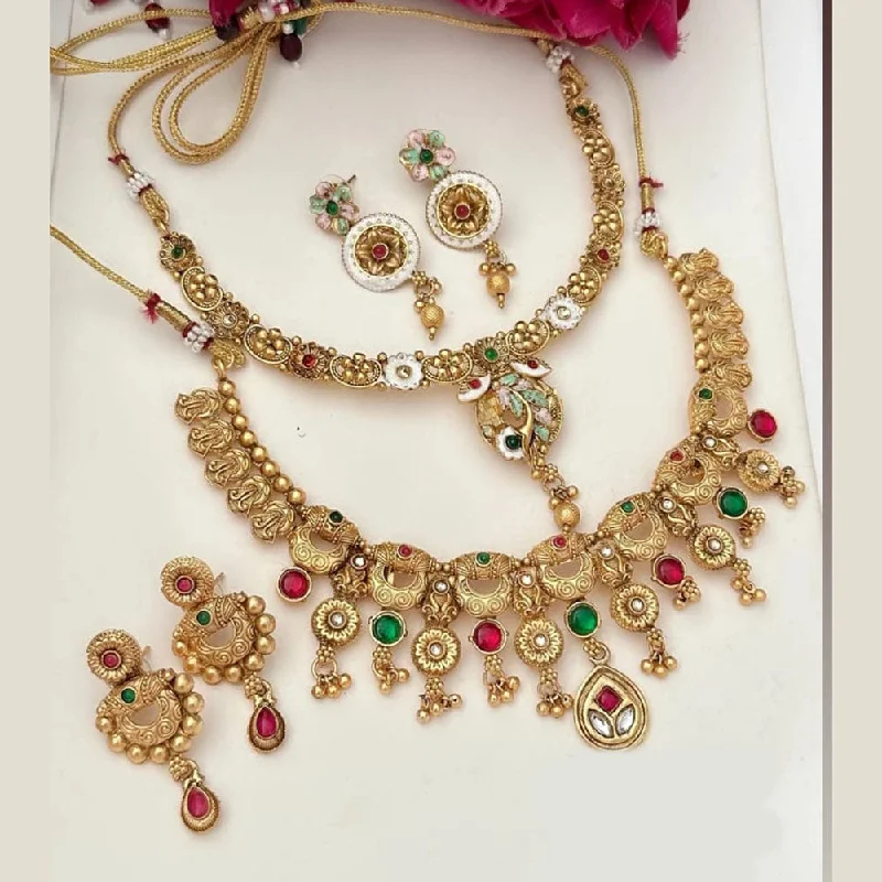 Elegant Black Necklaces-FS Collection Gold Plated Pota Stone And Meenakari Double Necklace Set