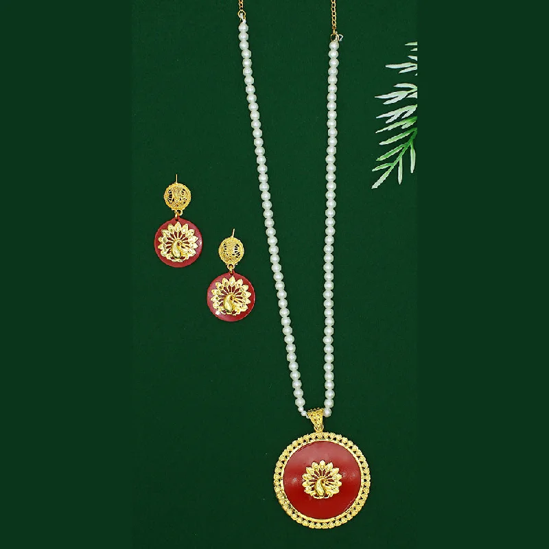 Heart Charm Necklaces-Mahavir Dye Gold Plated Pearl Long Necklace Set