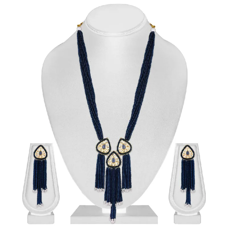 Gold Chain Necklaces for Women-Mahi Gold Plated Blue Artificial Beads Beaded Necklace and Tassel Dangler Earrings Set for Women (NL1103811GBlu)